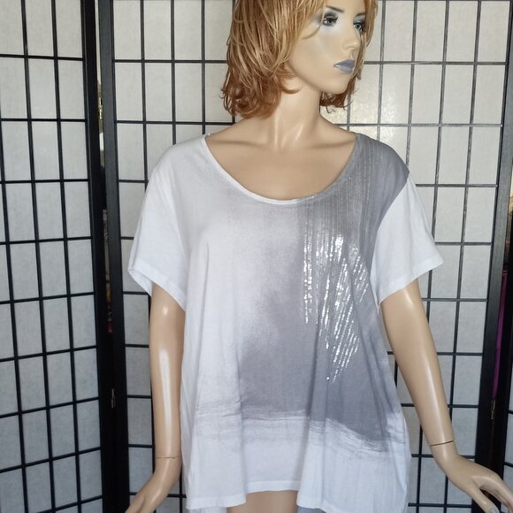 Chic & Shimmery! Calvin Klein White Gray Ombre Sequin Top 2X Short Sleeve - Picture 1 of 7